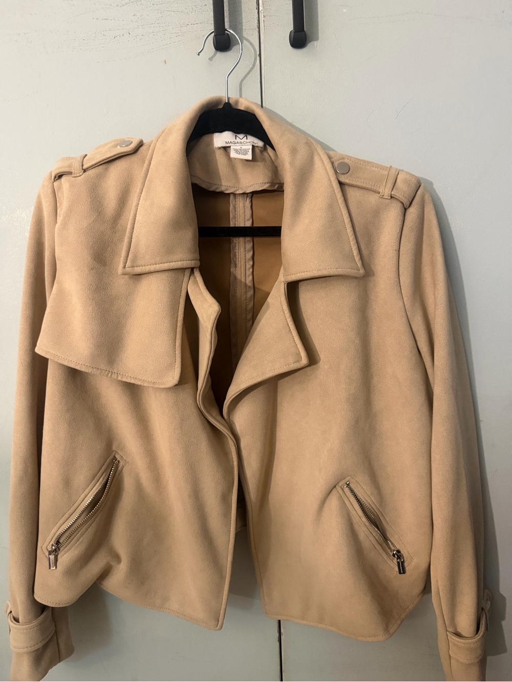 M Magaschoni Tan Faux Suede Draped Moto Jacket Size L
